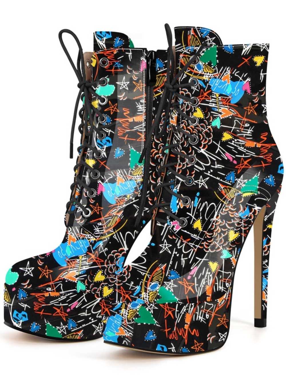 Black Multi-Color Graffiti Lace-Up Platform Ankle Boots Stiletto Shoe Size 9 NEW - Picture 2 of 8